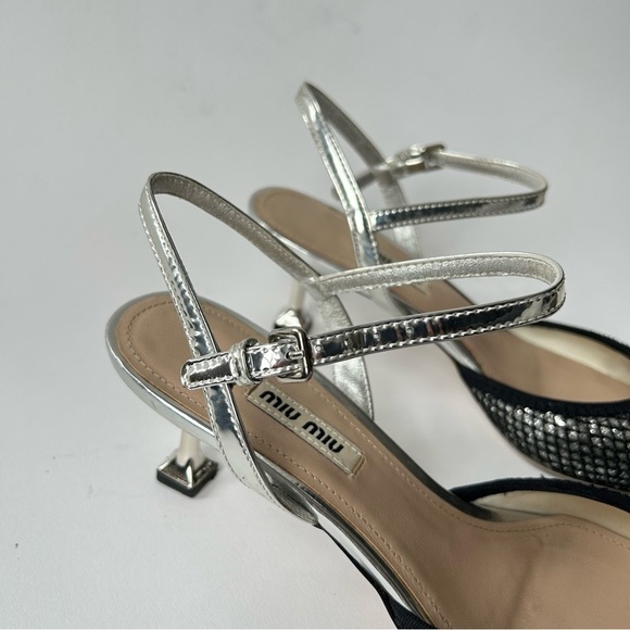 Rare Miu Miu Silver Mesh Black Glitter Kitten Heel sz 7.5 - Picture 7 of 11